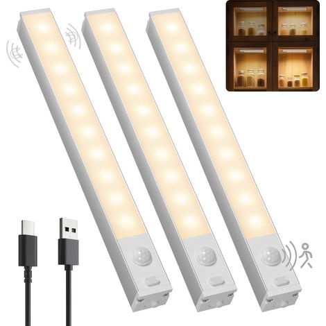 Lampe de Placard LED Rechargeable Sans Fil, 3000k, 18cm, 3 Pcs Réglette Lumiere Armoire Détecteur de Mouvement Pour Armoire à Linge, étagère à Livres, Escalier, Couloir, Voiture de Camping (1/5)