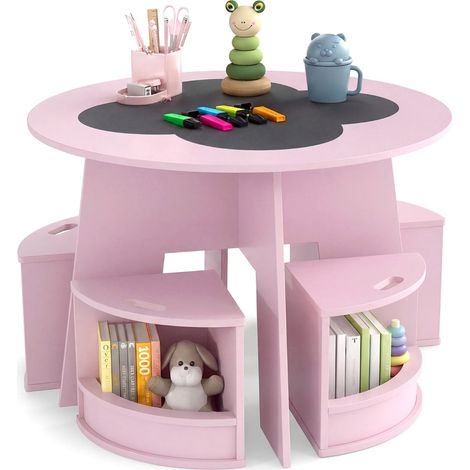 Rundes Kindertisch- und Stuhlset mit Stauraum, Rosa