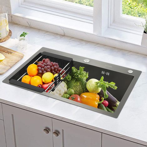 Küchenspüle Wasserfallspüle mit versenkbarem Wasserhahn Edelstahl SpülbeckenSet