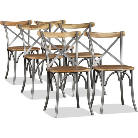 Chaises de salle à manger, lot de 6. Bois de manguier massif avec dossier croisé en acier.