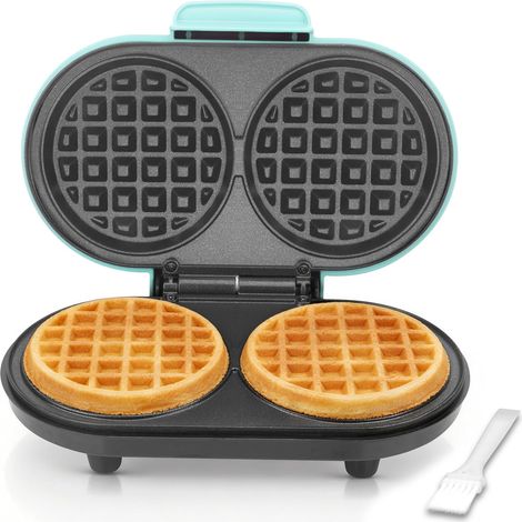 Mini Gaufrier Double pour Enfants, Gaufrière Électrique 2x10cm Plaques Rondes Antiadhésives, 2 Gaufres Keto Chaffle,Petit Appareil,Bleu Aqua (1/5)