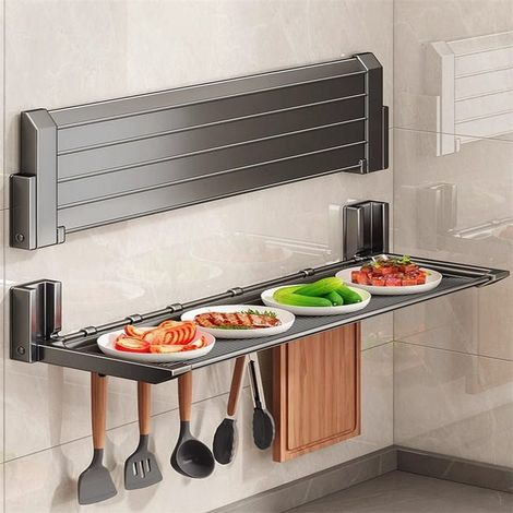 Mensola per la preparazione delle verdure da cucina senza fori, mensola pieghevole a parete a più livelli + 5 ganci, grigio scuro, 48188 cm (1/4)