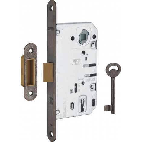 Serratura Patent da incasso 90mm x 50mm, reversibile, piastra tonda, richiamo 1/2 giro, 1 chiave, bronzo - THIRARD