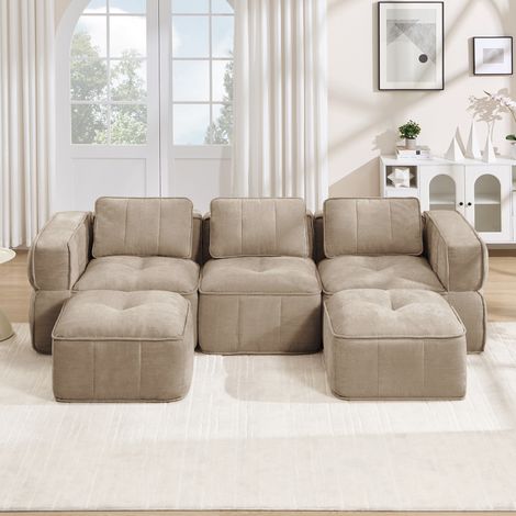 Sofá modular 271/162 cm color arena de poliéster, con 2 pufs y asiento profundo (1/5)