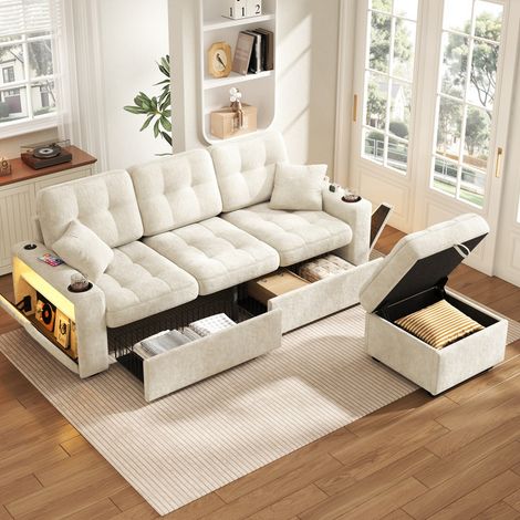 Canapé d'angle multifonctionnel avec port USB-C et LED, Canapé modulaire avec porte-gobelet et compartiments, 2 tiroirs et pouf de rangement, beige (1/5)