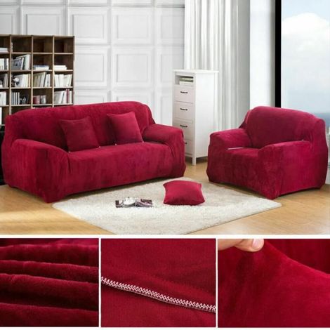 Housse de canapé - - Extensible - Velours épais - Antidérapante - Rouge 90-140 cm (1/5)