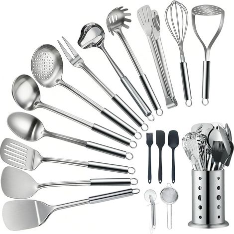 Lot de 18 Ustensile de Cuisine en Acier Inoxydable, Avec Spatule, Louche, Pelle, Spatule Fendue, Passoire, Fourchette à Viande, Cuillère à huile, Batte à œufs, Presse-Purée, Roulette à Pizza, Brosse (1/5)