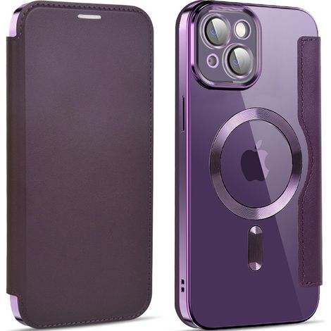 Funda tipo libro para iPhone 13, cartera RFID MagSafe con protección para la cámara, color morado. (1/2)