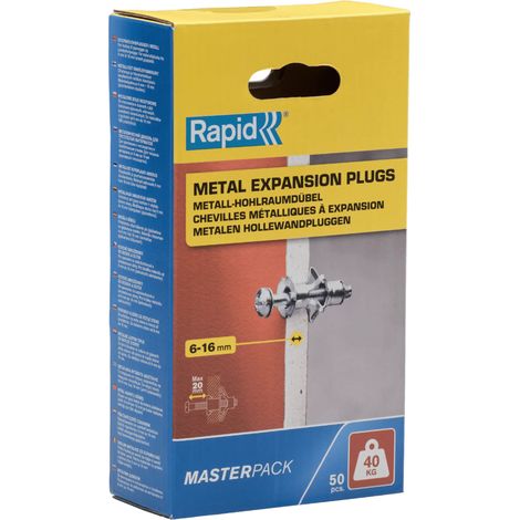 RAPID - Chevilles à Expansion Métal - 6-16mm Lot 50 Charge Max 40 kg Pour Cloison Plâtre, Fixation Solide pour Mur Creux - (5001563)