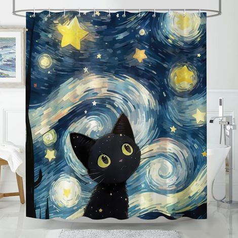 Rideau de Douche 180 x 180 cm avec Chat et Nuit étoilée, Tissu Anti-moisissure, Style Peinture à l'huile Rideaux de Bain avec 12 œillets et Anneaux pour Rideau de Douche pour Salle de Bain (1/5)