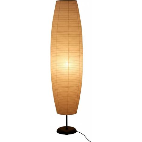Paper Floor Lamp, Cylindrical Floor Lamp, Ambient Lighting, Ribbed Lampshade, Slender Silhouette, Complete Set: Large Olive Shape, Lamp Body + Lampshade + Bulb (1/5)