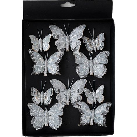 Ensemble de 10 pendentifs papillons décoratifs de Noël en tissu et plumes imitant la plume, 5-7 cm, assortiment de papillons colorés (argenté) (1/2)