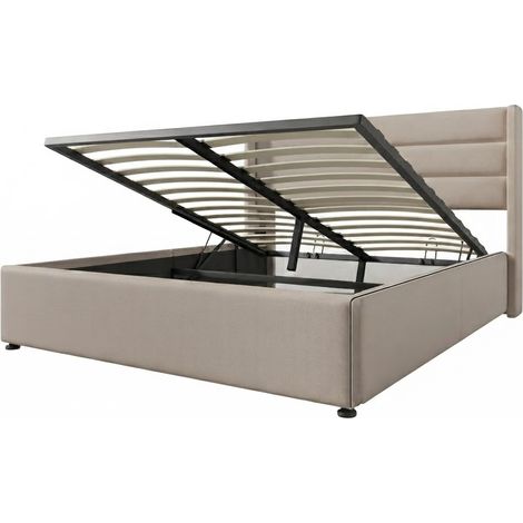 Letto Contenitore Letto Matrimoniale 140×200 cm con Testiera Imbottita e Vano, senza Materasso, Lino, Beige (1/5)