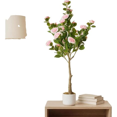 Arbre de Camélia Artificiel, Hauteur 120 cm, Zéro Entretien, Pot Inclus, Fleurs Réalistes, Style Bonsai (1/5)
