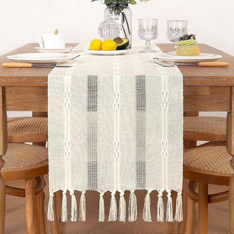Chemin de table tissé style champêtre beige princesse, style bohème, avec pompons, 33 x 122 cm (13 x 48 pouces), idéal pour les fêtes, les restaurants et la décoration intérieure. (1/5)