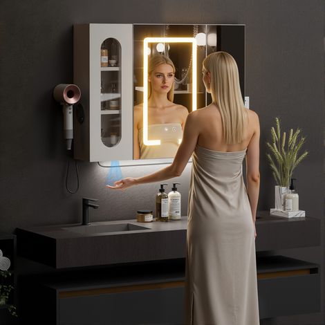 Armoire miroir antibuée tactile LED support sèche-cheveux charge USB AC bois prise UE blanc (1/5)
