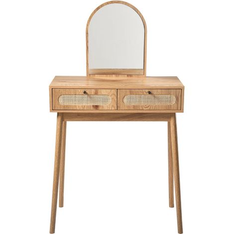 Calicosy – Coiffeuse avec miroir ovale et 2 tiroirs façades rotin – Longueur 80 cm – Pieds en bois décor bois – Fixation renforcée