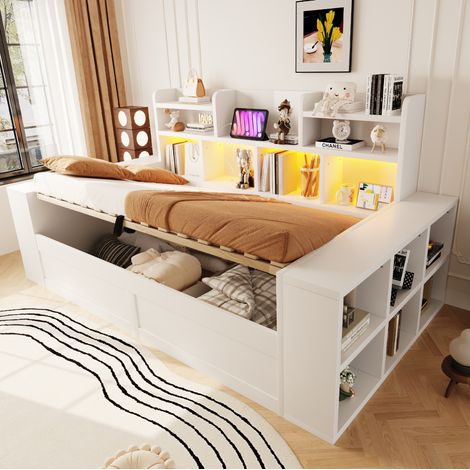 Lit banquette enfant 90x200 cm avec coffre hydraulique, LED, prises et rangements en MDF blanc (1/5)