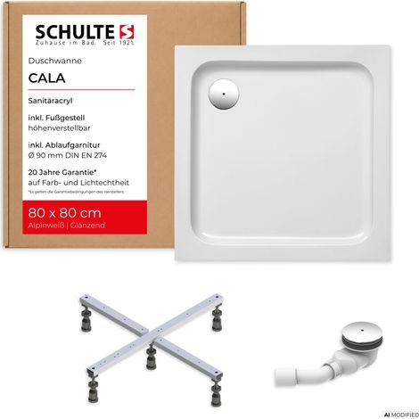 Schulte Duschwanne Cala 80x80 cm Weiß - Komplettset inkl. Fußgestell und Ablaufgarnitur, aus Hochwertigem Sanitäracryl