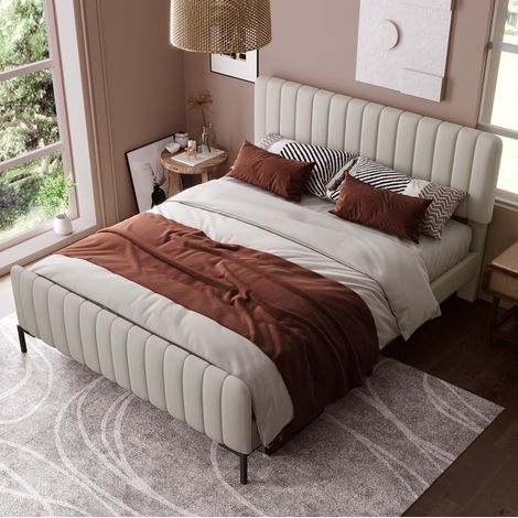 Cama doble 180 x 200 cm con somier, cabecero regulable, lino gris beige, REDOM (1/5)
