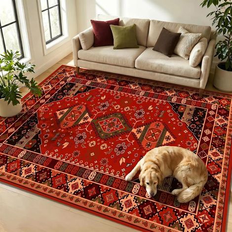 Tapis de Salon 80x120 cm Rouge Lavable en Machine,Tapis de Couloir Oriental Antidérapant pour Descente de Lit et Bureau,Design Classique Chic (1/5)