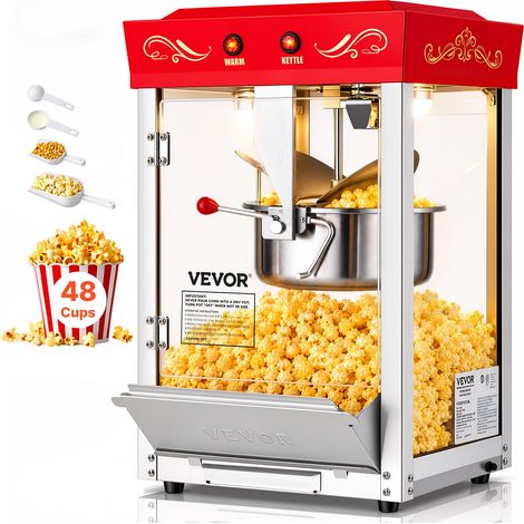 Machine à Pop Corn de Comptoir, Éclateur de Maïs 800 W, Grand Bol en Inox 0,2 kg, 48 Tasses par Lot, avec Commande à 2 Boutons, Paroi en Verre, Porte PC, Pelle Doseuse et Cuillères, Rouge (1/5)
