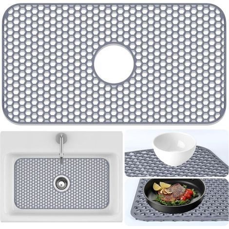 Tapis de protection pour évier de cuisine - 66,5 cm x 35,5 cm, tapis d'égouttage en acier inoxydable pour évier et vaisselle, tapis de protection en caoutchouc avec trou d'évacuation central (gris) (1/4)