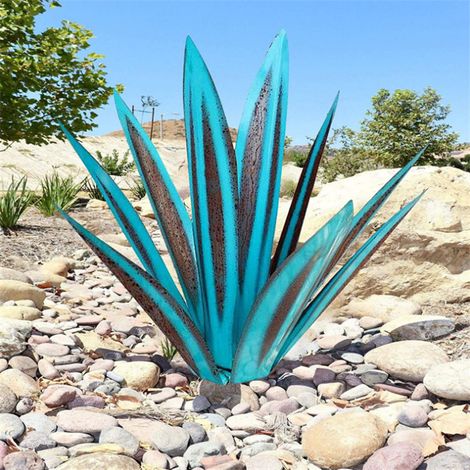 Sculpture Rustique de Tequila - Art décoration Statue Déco à la Maison, Figurines de Jardin, 9 feuilles, Plantes d'agave en Métal pour Cour Extérieure - 55cm Couleur côtière