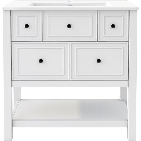Mobile bagno con lavabo in ceramica 76x46,5x82 cm, 5 cassetti, MDF bianco HOMVRA (1/5)