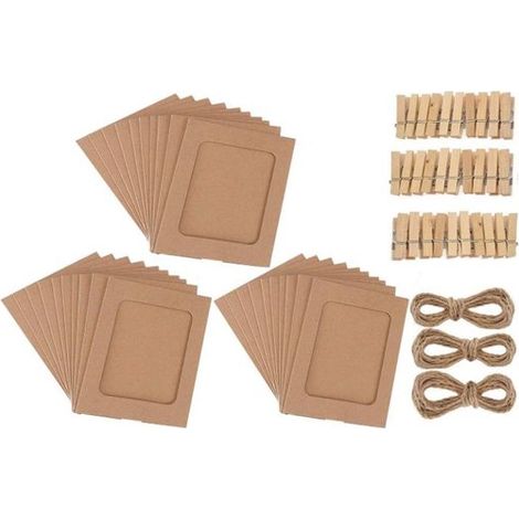 Cadre photo - 30 pièces - Cadres photo en papier - Cadre photo créatif en papier DIY - Bricolage - Avec clip et corde de chanvre - Bannière d'affichage photo suspendue - 11,5 x 15,5 cm - Marron (1/5)