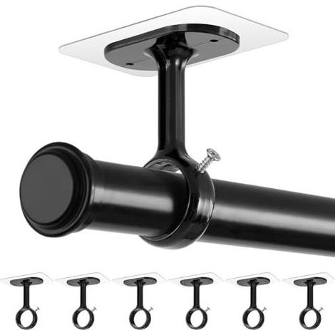 Supports de tringle à rideaux de plafond, paquet de 6, supports de tringle à rideaux auto-adhésifs, crochets de rideaux réglables, noirs. (1/5)