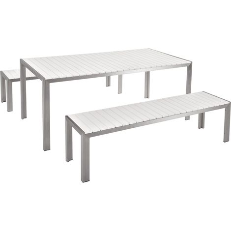 Table de Jardin et 2 Bancs 180 x 90 cm en Bois Synthétique Blanc et Aluminium Nardo