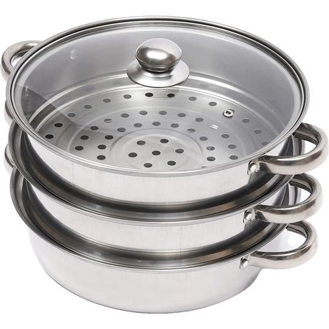 Vapeur en acier inoxydable de 28 cm, design à 3 couches, couvercle en verre (1/5)