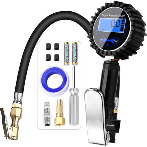 Manometro Digitale per Pressione Pneumatici 200PSI con Ugello a Pistola e Compressore, Display LCD per Auto, Camion, Moto e Bicicletta (1/5)