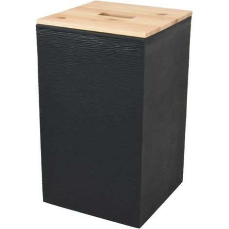 Coffre à granulés - Carré - 36 L - 20 kg - Décor Stone - Couvercle Bois PEFC - 29,5 x 29,5 x H50,6 cm - Noir
