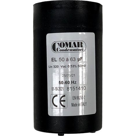 Condensateur de démarrage 50uF à 63uF 320V – Cosses FASTON – Fréquence 50/60Hz – Température de travail -45°C à +65°C – Comar