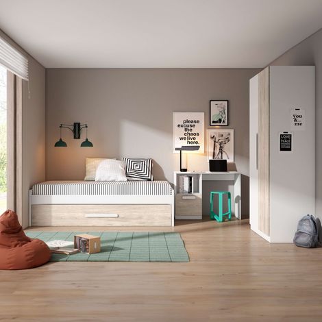 Pack Muebles Juveniles Habitación Infantil Estelle Moderna Pack Muebles Blanco y Roble Sahara