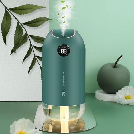 Humidificateur d'air，Ultrasonique Silencieux Humidificateur d'air Bébé , Avec veilleuse et 2 trous de pulvérisation 500 ML,Convient aux voitures, bureaux, chambres (vert)