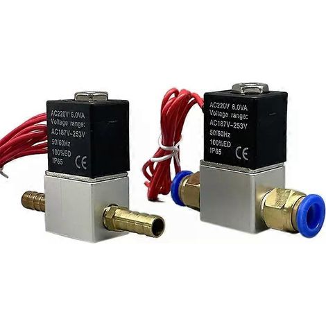 Électrovanne pneumatique 12 V/220 V, 2 positions, 2 orifices, normalement fermée, avec raccord cannelé pour tuyau de 6 mm, 8 mm et 10 mm. (1/5)