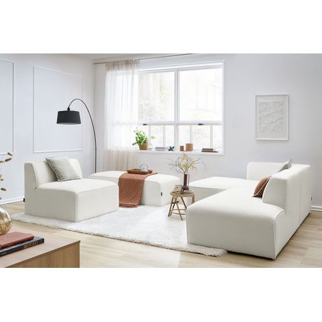 BOBOCHIC - Canapé d'angle fixe modulable MEGEVE tissu bouclette avec 1 chauffeuse et 1 pouf Angle gauche  Blanc (1/5)