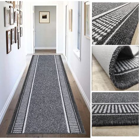Tapis Long pour Couloir, Cuisine, entrées antidérapantes, Coloris Taupe et Anthracite, Lavable en Machine et à la Main. (1/5)