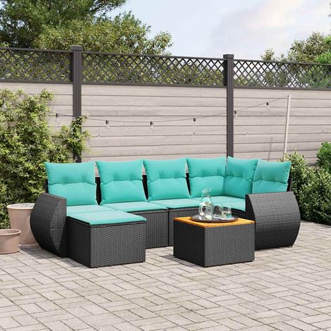 7-teiliges Gartensofa-Set mit Kissen, schwarzes Polyrattan (1/5)