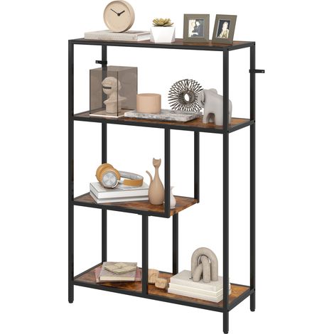 Bibliothèque industrielle mobile 4 étagères bois métal 77x30x116 cm marron rustique