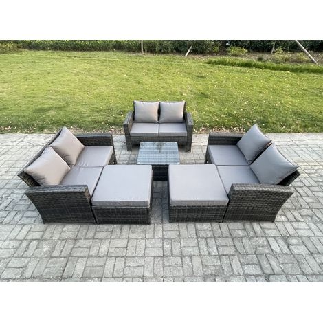 Fimous 8-Sitzer Polyrattan Gartenmöbel Set Im Freien Sitzgruppe Couchtisch Set mit 2 Großer Fußhocker Dunkelgrau Gemischt (1/5)