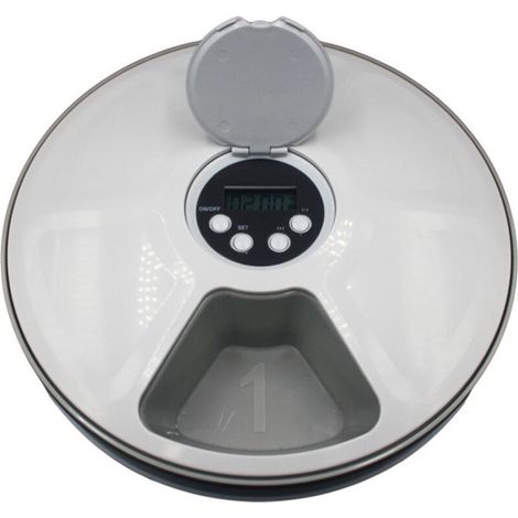 Distributeur de Nourriture pour Animaux de Compagnie Intelligent gamelle d'alimentation mangeoire Automatique pour Chien et Chat 6 Compartiments Fonction de Musique minuterie Blanc Gris