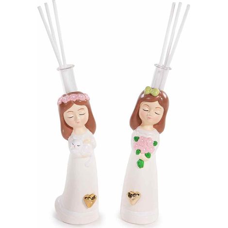 Ragazze con abito bianco in porcellana con cuore dorato e stick per profumare, set da 4 pezzi, cm 4,5x5x14 H (con stick22,5)