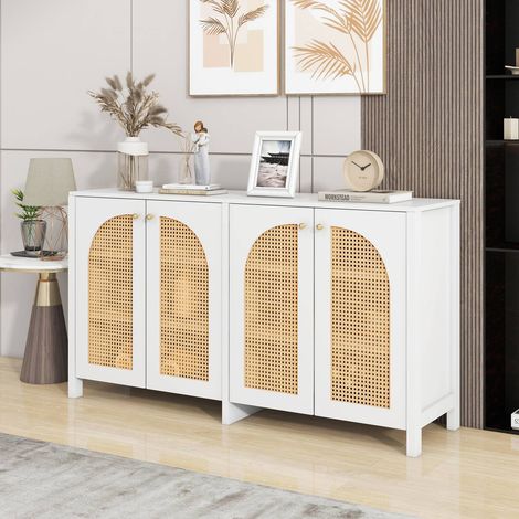 Buffet moderne au style minimaliste, 4 portes en rotin, meuble buffet avec poignées métalliques pour salle à manger, salon, cuisine, blanc (1/5)