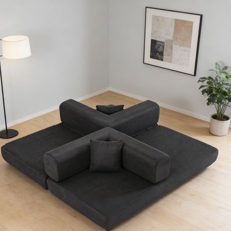 Canapé convertible avec coussin cylindrique, matelas pliant en velours côtelé, cadre rigide, canapé lounge au sol pour salon, chambre, studio, noir (1/5)
