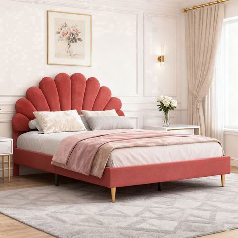 Letto 140x190 con rete, Struttura letto matrimoniale, velluto bordeaux e testata a petalo, Montaggio Facile, 2 posti (1/5)