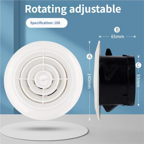 Grille d'aération ronde réglable de 100 mm, adaptée aux garages, salles de bains, cuisines et à un montage au plafond ou au mur. (1/5)